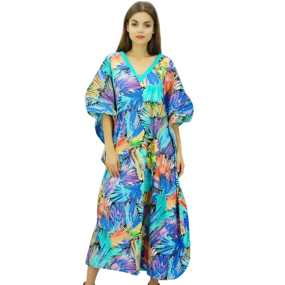 Bimba Women's Cotton V Neck Kimono Easy Wear Kaftan Dress Bathing Suit Cover Up Caftan Maxi