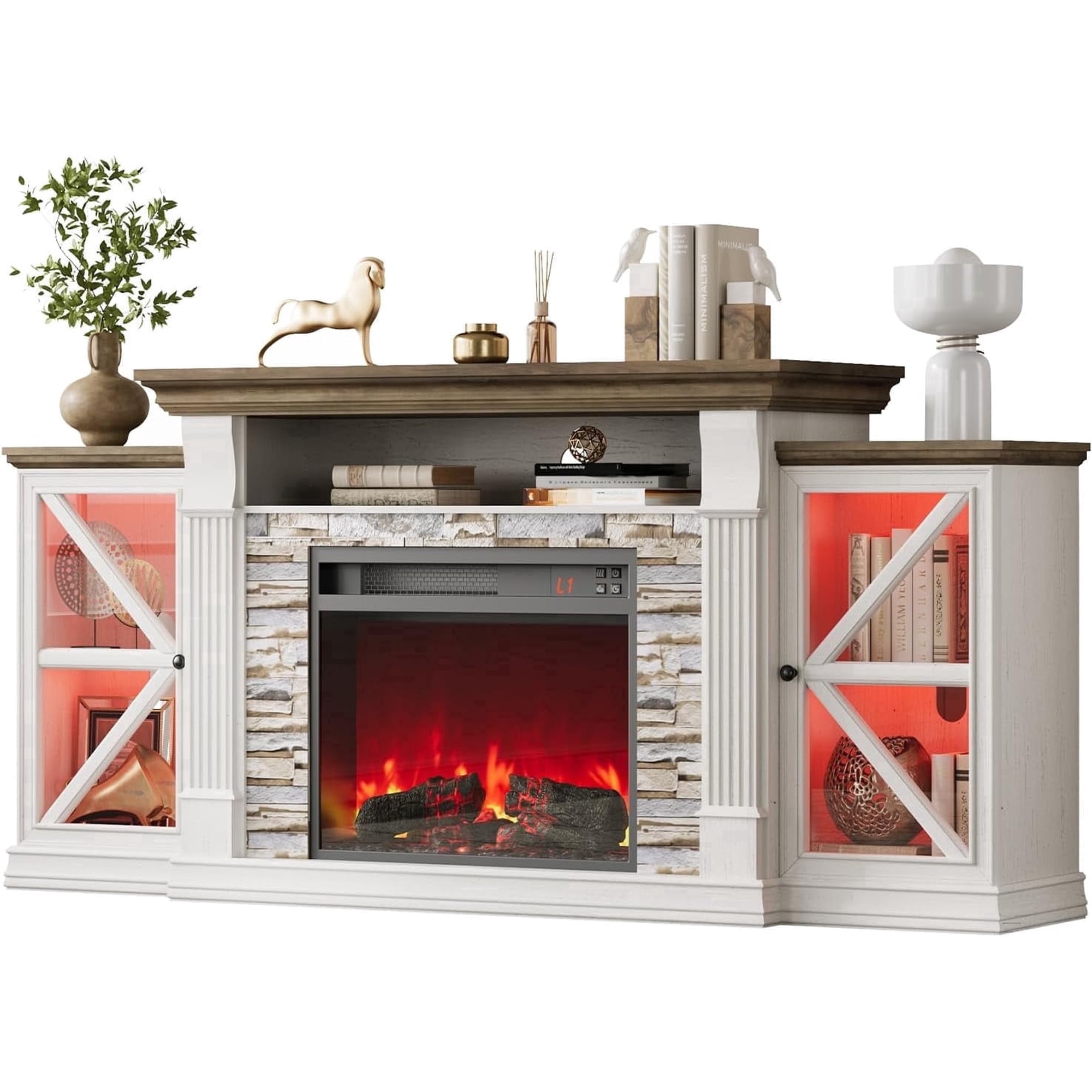 Vecenuy Electric Fireplace TV Stand, 70" Farmhouse Entertainment Center with Open Shelf and Glass Barn Door Cabniet, Modern TV Console Table with 7 Flame Colors for Living Room, Antique White