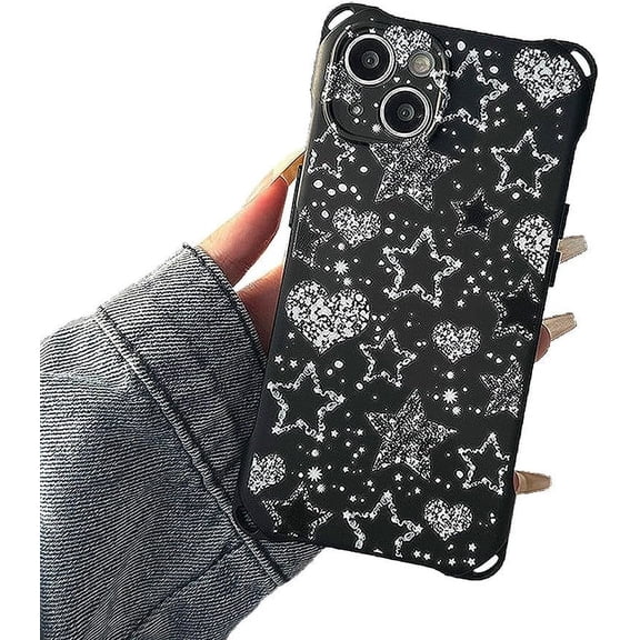 Designed for iPhone Case,4 Corner Anti-Fall Clitter Sparkling Star Love Heart Pattern Camera Lens Protection Shockproof Protective Cover Phone Case (iPhone 13,Black)