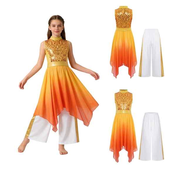 iiniim Girls Praise Dance Outfit Sequin Worship Asymmetrical Tunic with Wide Leg Pants Liturgical Dress Gold 14