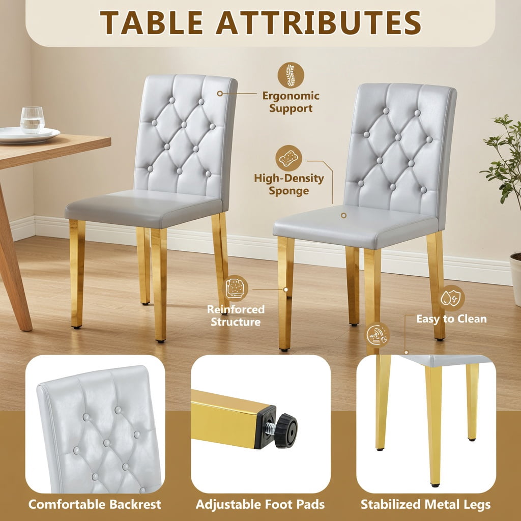Hommoo 2-Pack PU Dining Chairs with Ergonomic Buckle Backrest & Metal Legs, 35" Height, Modern Luxury Design for Restaurants, Banquet Halls & Home Dining, Light Gray & Gold
