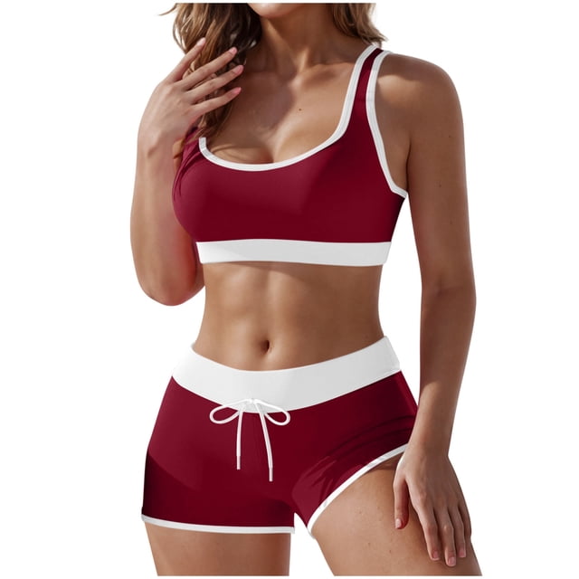 Two-piece Swimsuit for Women with V-Neck Camisole Top and Boyshort Bottom, Polyester-Spandex Blend, Solid Color, Split Design, Regular Length