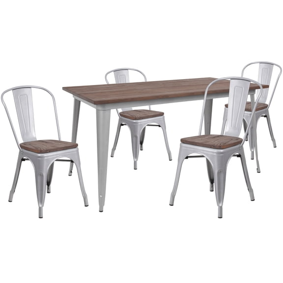 Flash Furniture 30.25" x 60" Silver Metal Table Set with Wood Top and 4 Stack Chairs
