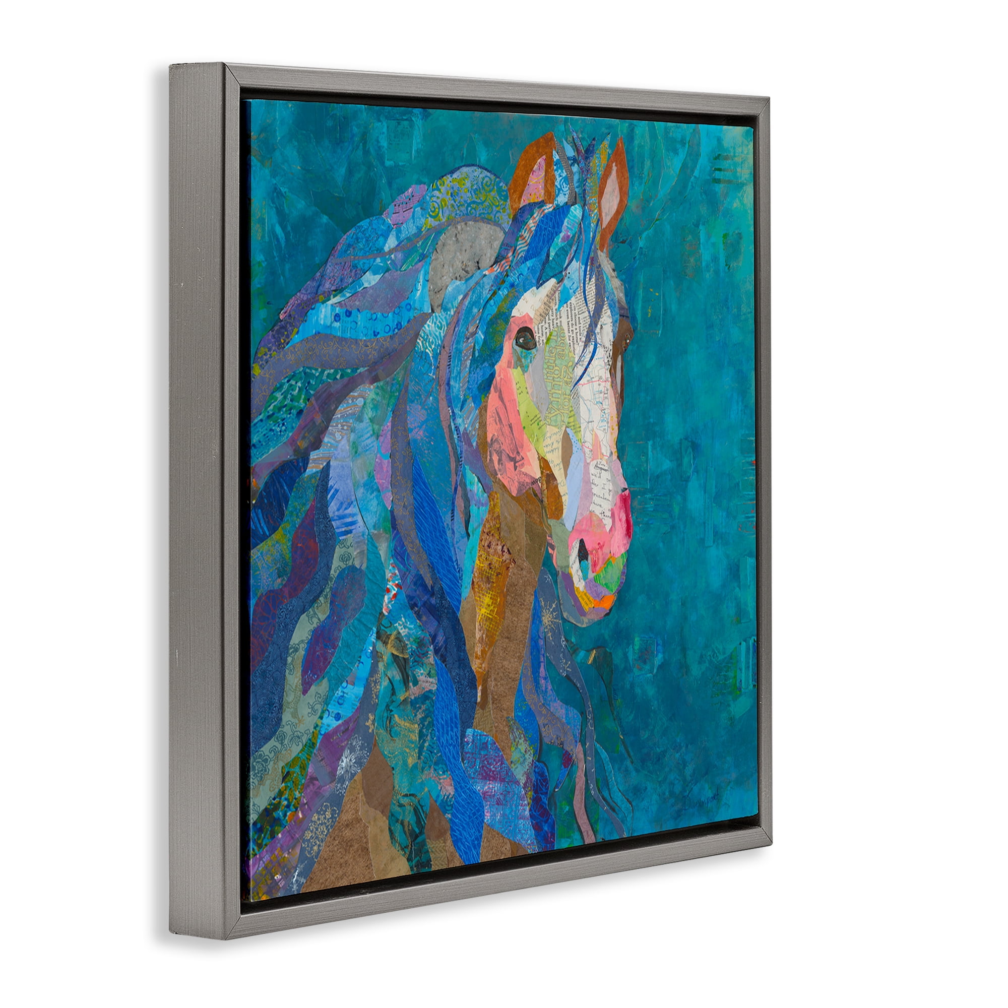 Stupell Industries Blue Collaged Pegasus Animals Painting Gray Floater Framed Canvas Art Print Wall Art, 25 x 25