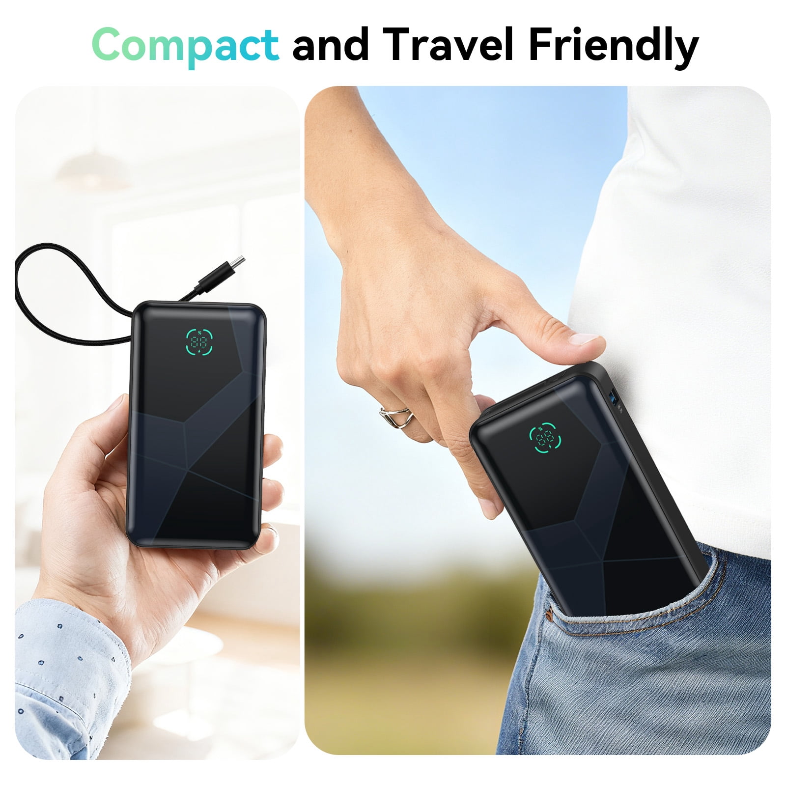 Portable Charger Power Bank, 10,000mAh PD 30W Fast Charging External Battery Pack with Built-in USB-C Cable, Travel Phone Charger with USB-C&A Output Compatible with iPhone, iPad, Samsung & More