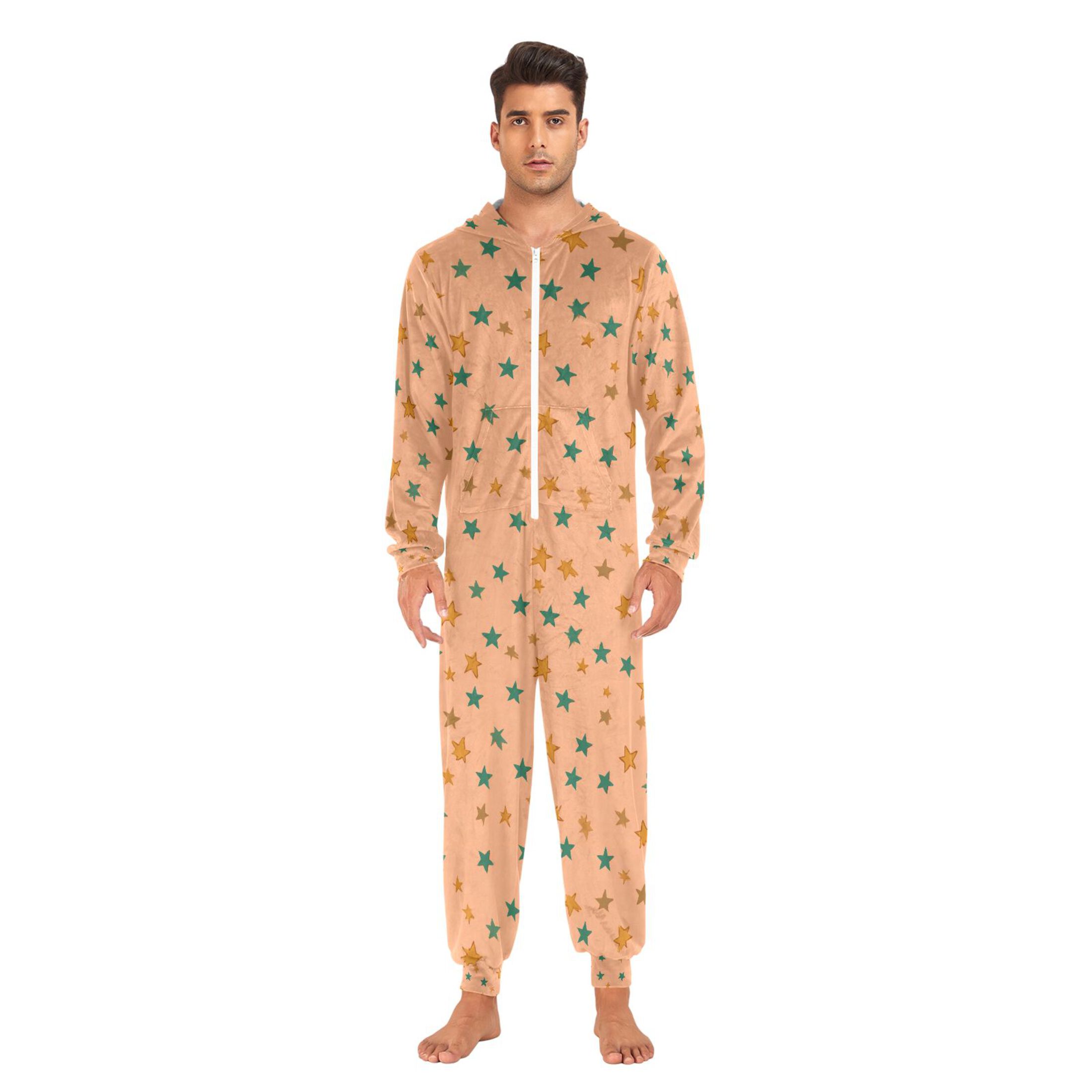 Adult Christmas Onesie Orange Stars Adult Zipper One-Piece Pajamas Unisex Pajamas with Pockets