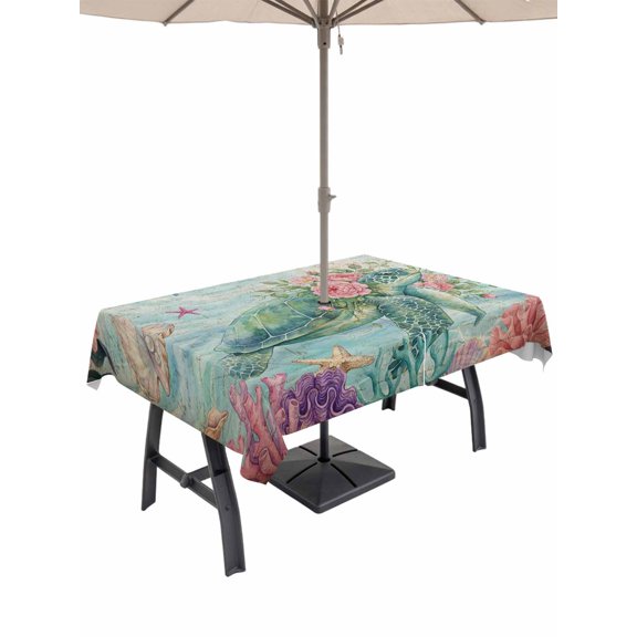 Outdoor Tablecloth with Umbrella Hole for Patio/Picnic/Party/Camping, Sea Turtle Waterproof Table Cloth Rectangle Table Cover Washable, Ocean Animal Coral Starfish Shells Floral Vintage (60"x 84")