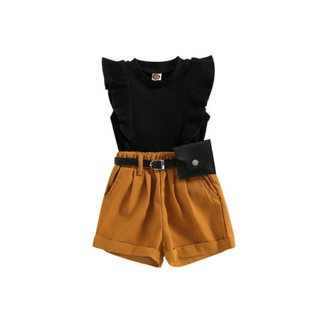 

Calsunbaby Kids Baby Girls Summer Outfit Flying Sleeves Ribbed Tank Tops and Elastic Casual Shorts with Belt Set 9-12 Months