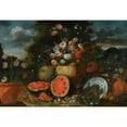 thumbnail image 3 of Francesco Lavagna 18x14 Black Modern Framed Museum Art Print Titled - Still Life with a Large Arrangement of Flowers in a Carved Stone Urn, with Open Watermelons, Figs and Earthenware Pots o, 3 of 5