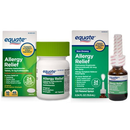 Equate Cetirizine Non-Drowsy Allergy Relief Tablets (45 Ct) & Equate Fluticasone Nasal Spray (120