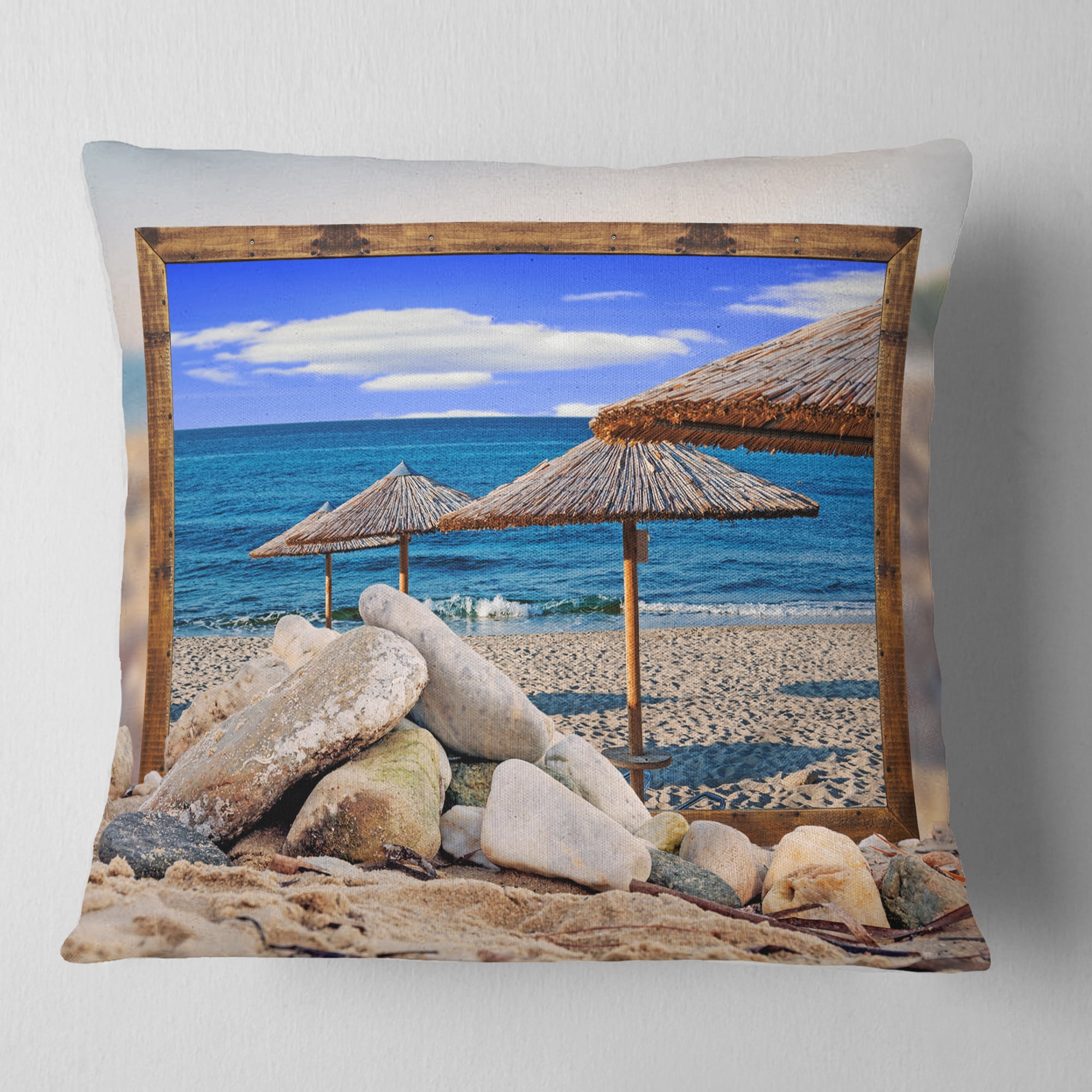 Designart Framed Effect Beach Umbrellas - Seashore Throw Pillow - 18x18