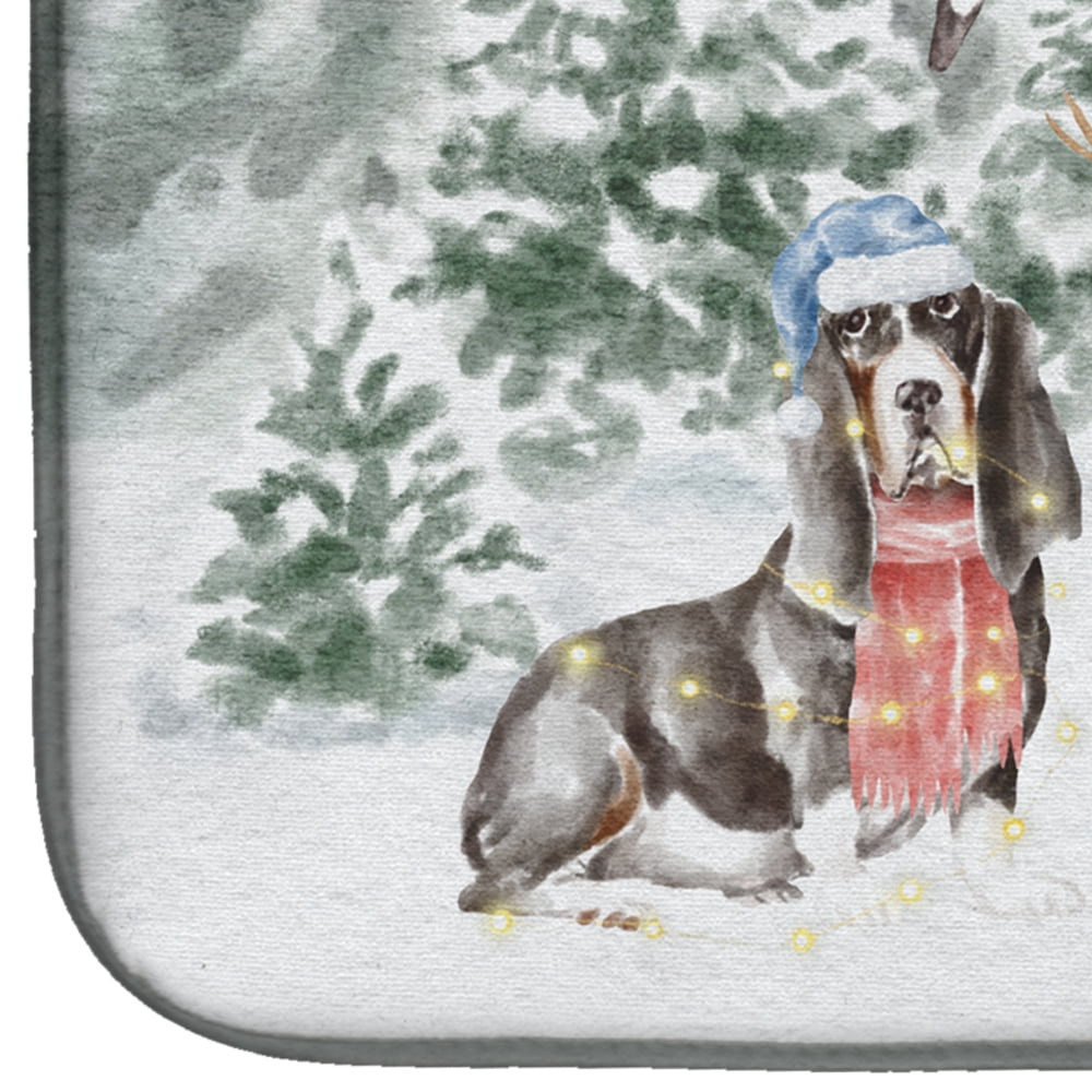 Basset Hound Black White and Tan with Christmas Presents Dish Drying Mat 14 in x 21 in
