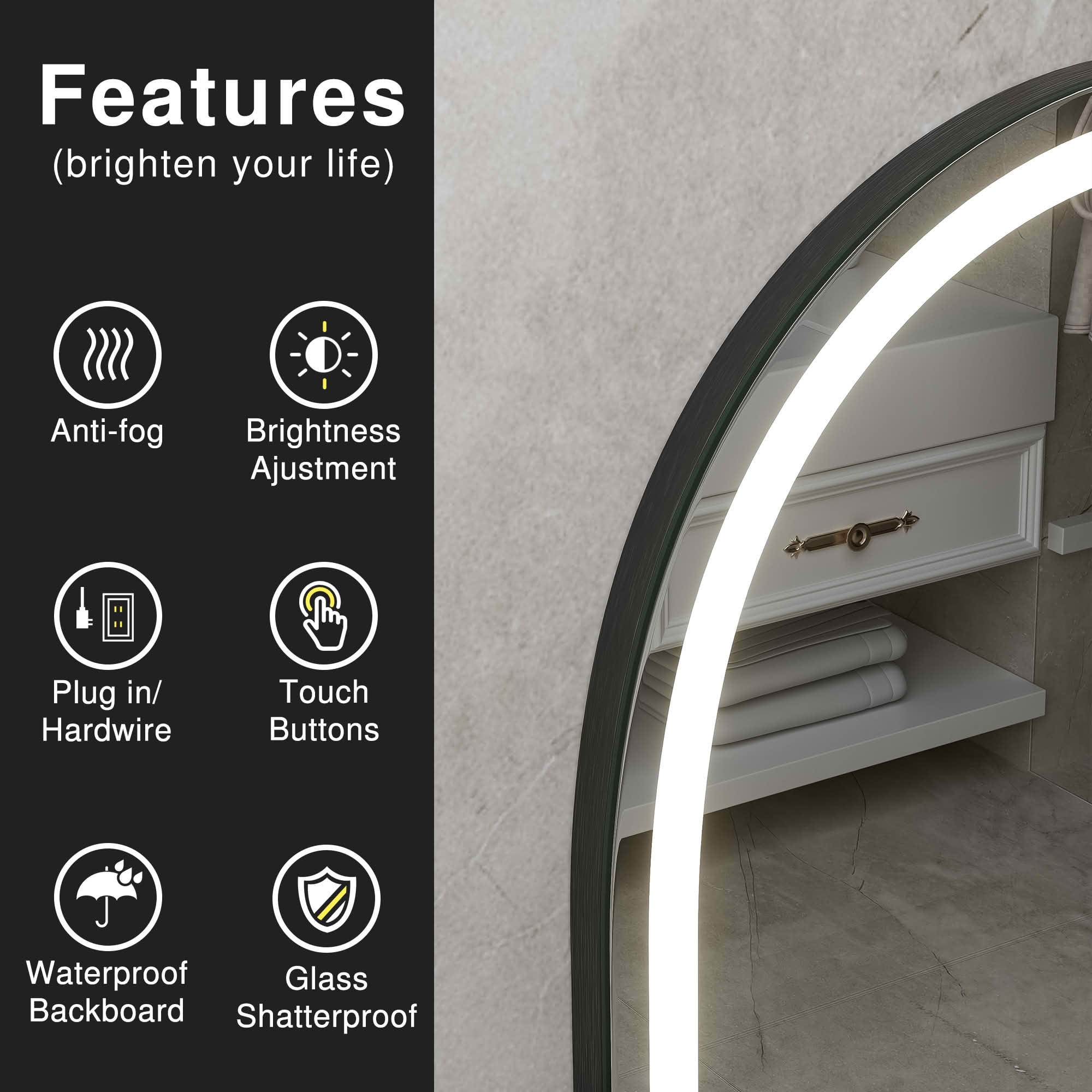 MAYEERTY 38x26 Inch LED Aluminum Arched Bathroom Mirror with Backlight, Defogger & 2 Switches for Bathroom