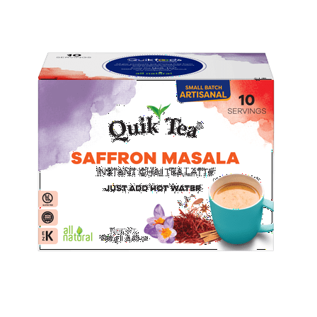 QuikTea Saffron Masala Chai Tea Latte – 10 Count, Bold Saffron Masala Flavor, Naturally Caffeine-Light, No Preservatives – Just Add Hot Water