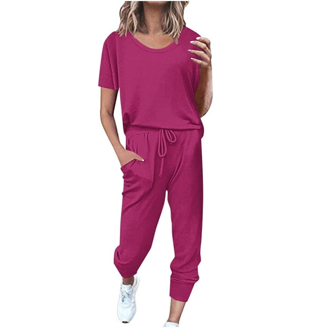 Yuyuzo Ensembles d'Entraînement pour Femmes 2 Pcs T-Shirts à Manches Courtes à Col Ras du Cou Pantalons Jogger à Cordon avec Poches