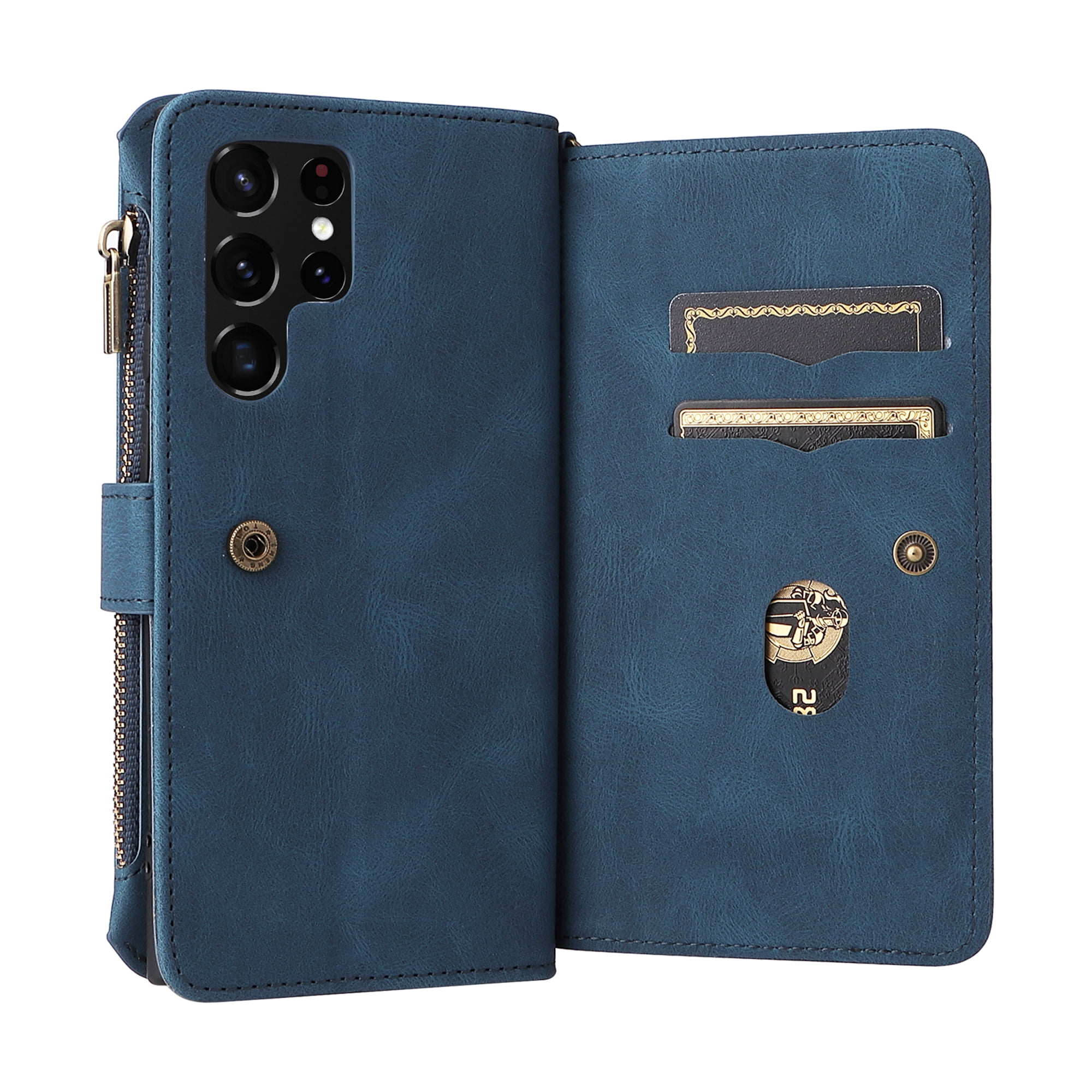 Phone Case for Samsung Galaxy S24 Ultra, S24 Ultra Wallet Case, Luxury Folio Flip Leather Cover [Zipper Pocket] [Wrist Strap] [Kickstand] for Samsung Galaxy S24 Ultra, Blue