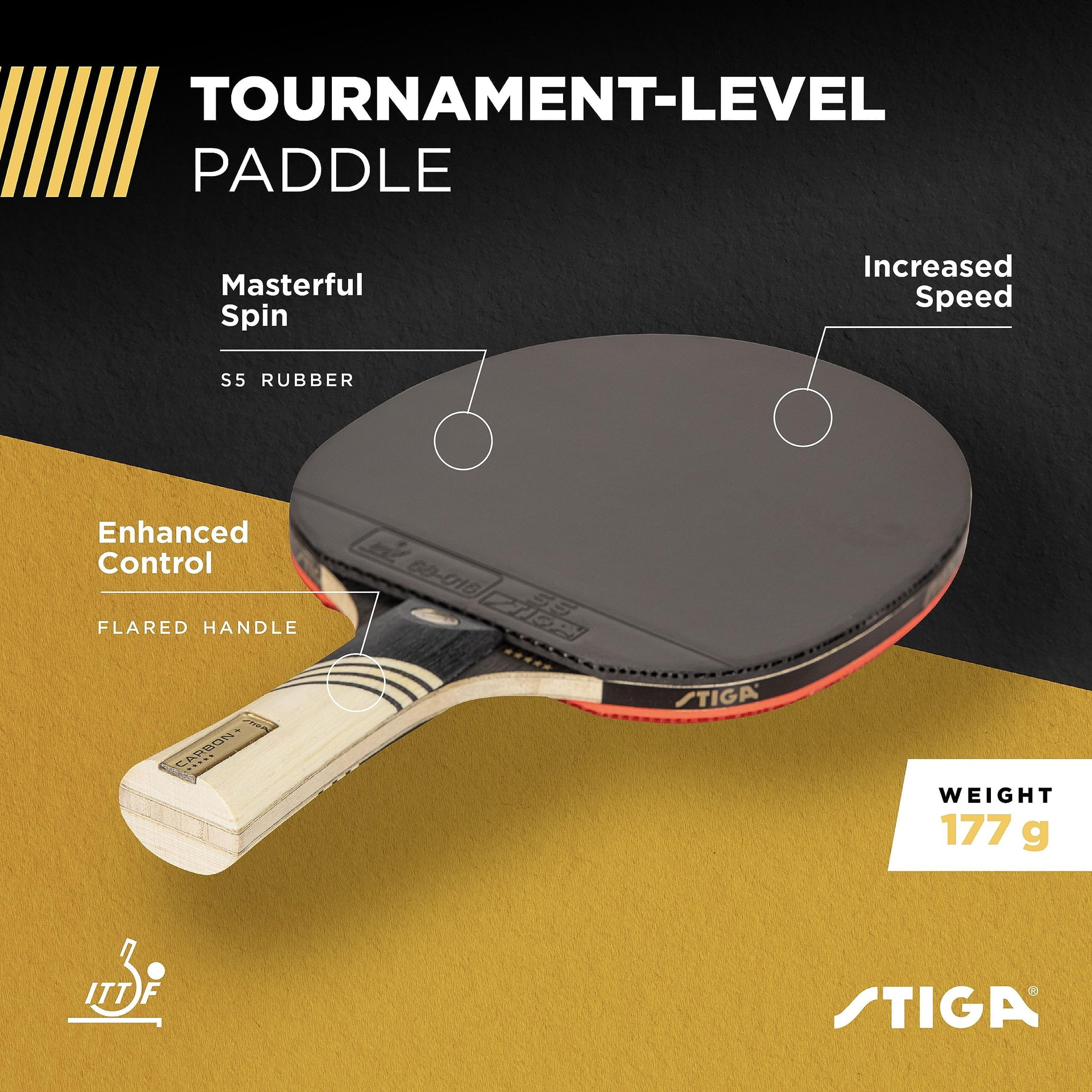 STIGA Carbon+ Ping Pong Paddle  7-ply Extra Light Carbon Fiber Blade  2mm Premium Sponge  Concave Pro Handle for Exceptional Grip  Performance Table Tennis Racket for Tournament-Level Play Red