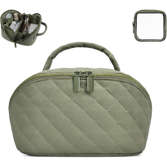 2026 Large Capacity 2-in-1 Travel Makeup Bag for Women, Quilted Lay Flat Cosmetic Organizer Bag, Waterproof Lightweight Toiletry Bag with Handle