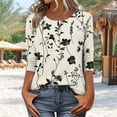 thumbnail image 2 of Womens 3/4 Length Sleeve Tops Colorblock Patchwork Casual T-Shirts Buttons Crewneck Printed Trendy Tees (XL, Khaki|Floral), 2 of 7