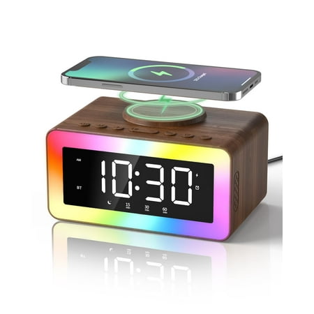 Alarm Clock with Wireless Charging, Bluetooth Speaker, White/Brown Noise Sound Machine Night Light, Wooden Digital Alarm Clocks for Bedrooms, Wireless Charger for iPhone, Birthday Gifts for Men Women