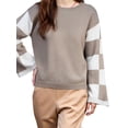 thumbnail image 3 of Womens Casual Checkered Color Block Sweaters Crew Neck Long Sleeve Cropped Knit Pullover Khaki XL, 3 of 8