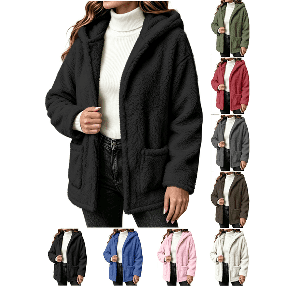 Liuinsasek Womens Loose Fuzzy Outerwear Solid Color Fashionable Hooded Warm Long-Sleeved Fleece Fluffy Jacket with Pockets for Winter