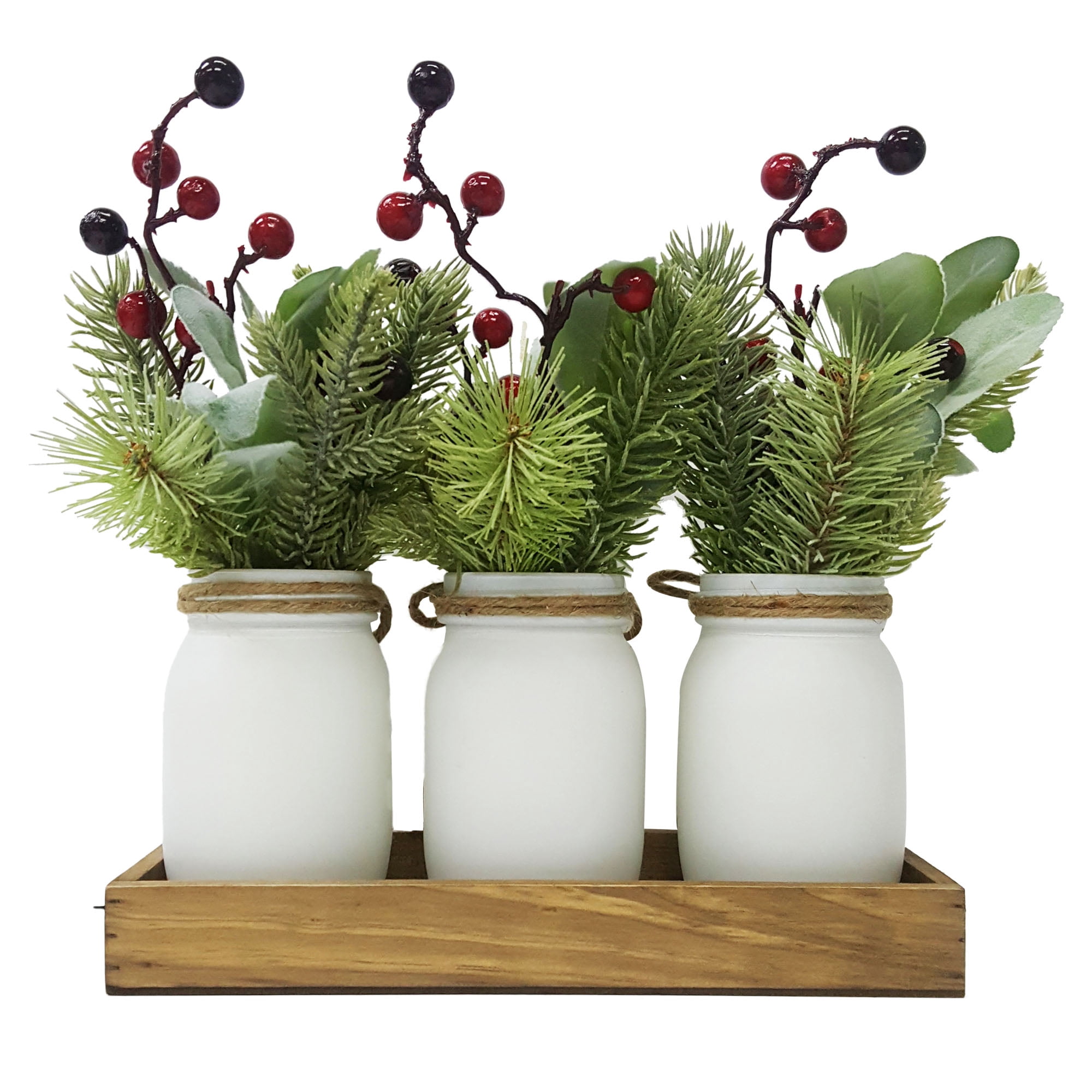 Holiday Time Artificial Liparis and Red Berry Mason Jar and Wood Rail Floral Arrangement
