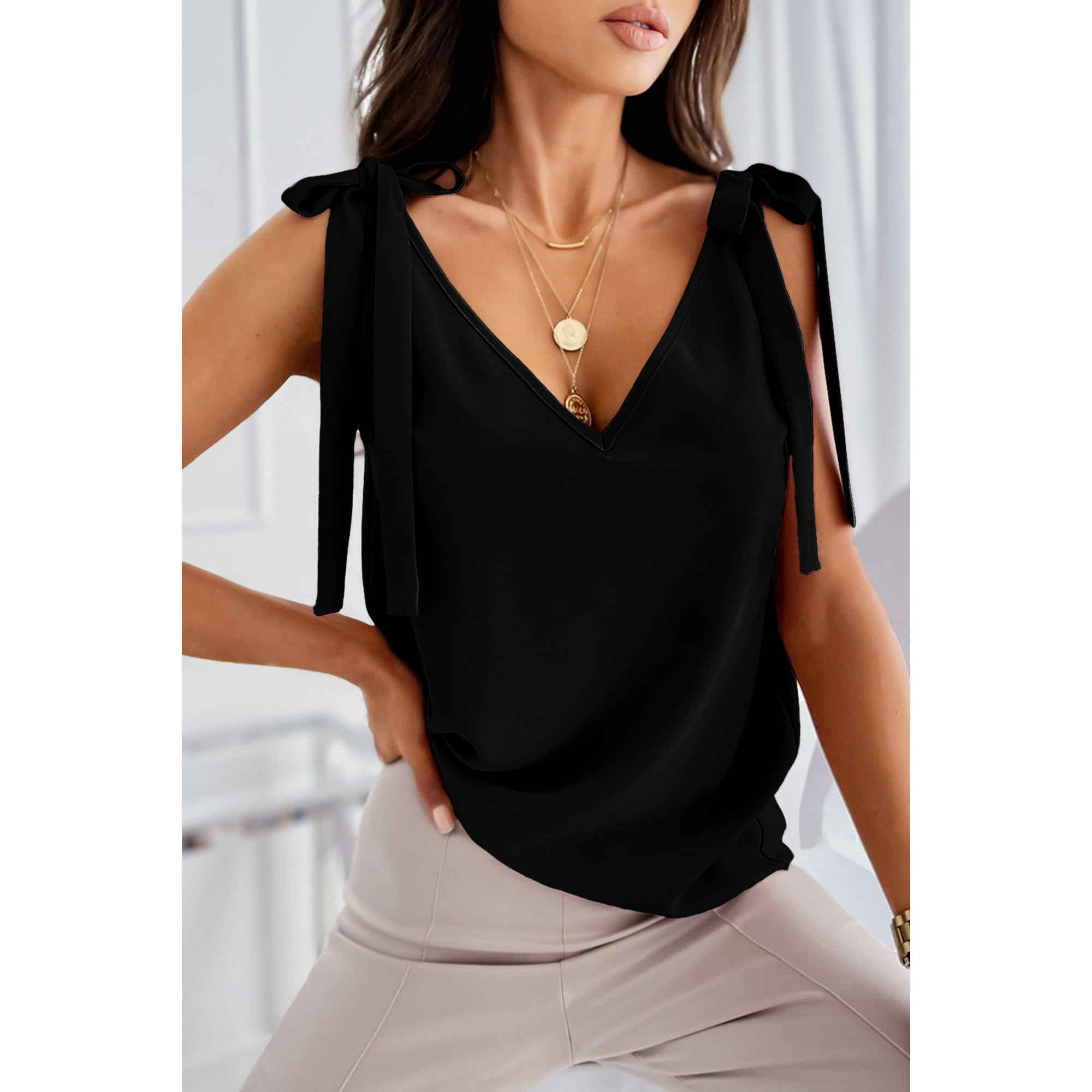 Women s Black Tie On Shoulder V Neck Tank Top Walmart