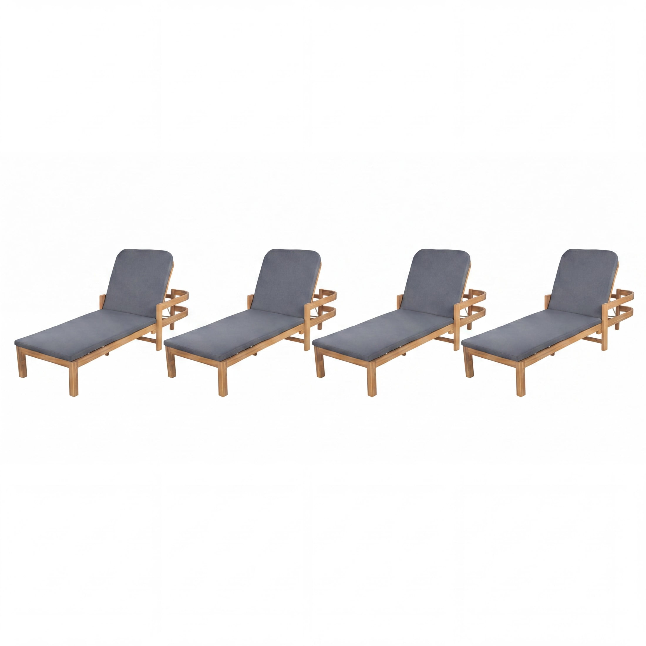 Christopher Knight Home Patio Wood Chaise Lounge Chair with Adjustable Backrest and Cushion, Dark Grey, Set of 4