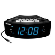 NELSONIC Digital AM/FM Clock Radio with Built in Aux Cord, Black with Blue LED Display