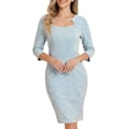 thumbnail image 4 of INSPIRE CHIC Women's Plaid Dress Square Neck 3/4 Sleeve Bodycon Midi Work Dress L Blue, 4 of 6