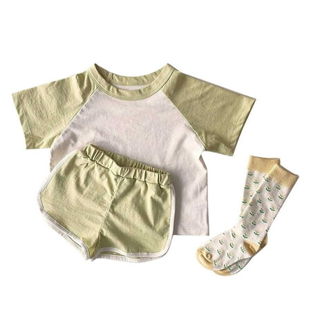 

BSDHBS Boy Summer Outfits Baby Girls Boys Cotton Summer Patchwork Color Block Short Sleeve Tshirt Short Pants Set Outfits