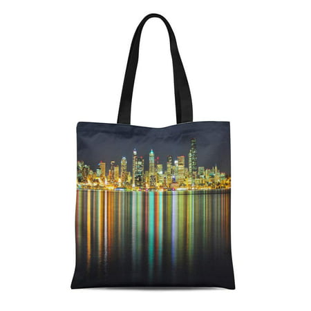LADDKE Canvas Tote Bag Outdoors Seattle Skyline at Night Multi Colored Clear Sky Reusable Handbag Shoulder Grocery Shopping