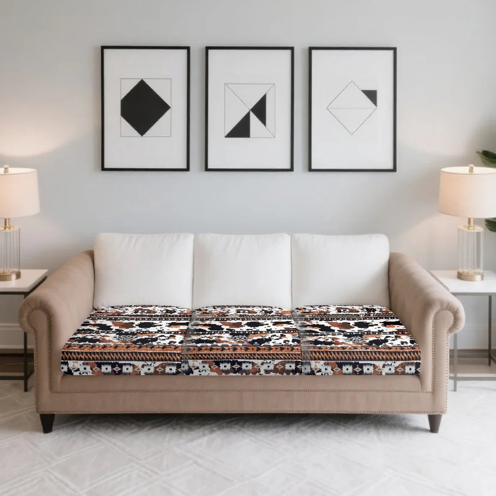 COEQINE Individual Seat Cushion Cover, Couch Cover for 3 Cushion Couch, Stretch Spandex Fabric Sofa Slipcover Pet Friendly Furniture Protector, 3-Seater, American Tribal Cow Print Brown Black
