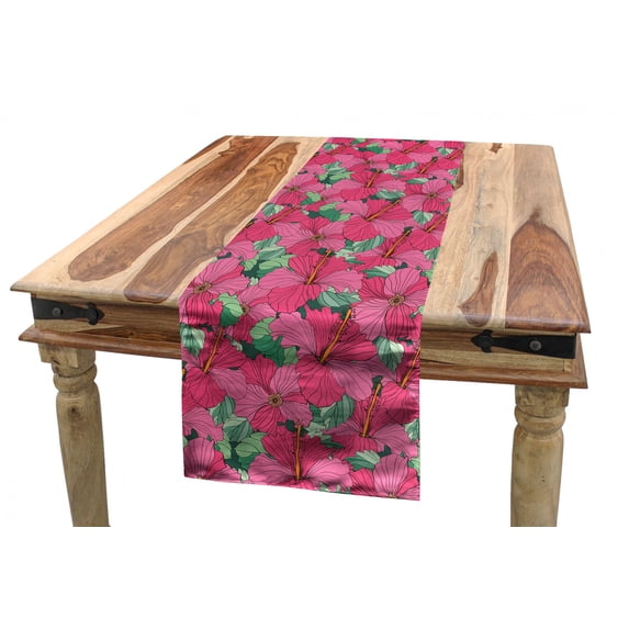 Flower Table Runner, Pattern Illustration of Flourishing Hibiscus Blossoms in Pink Shades, Dining Room Kitchen Rectangular Runner, 3 Sizes, by Ambesonne