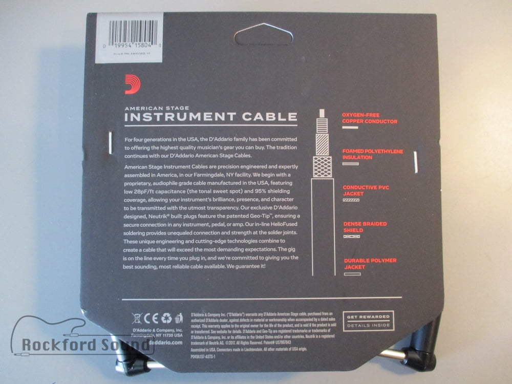 D'Addario American Stage Instrument Cable, Right to Right, 15 feet