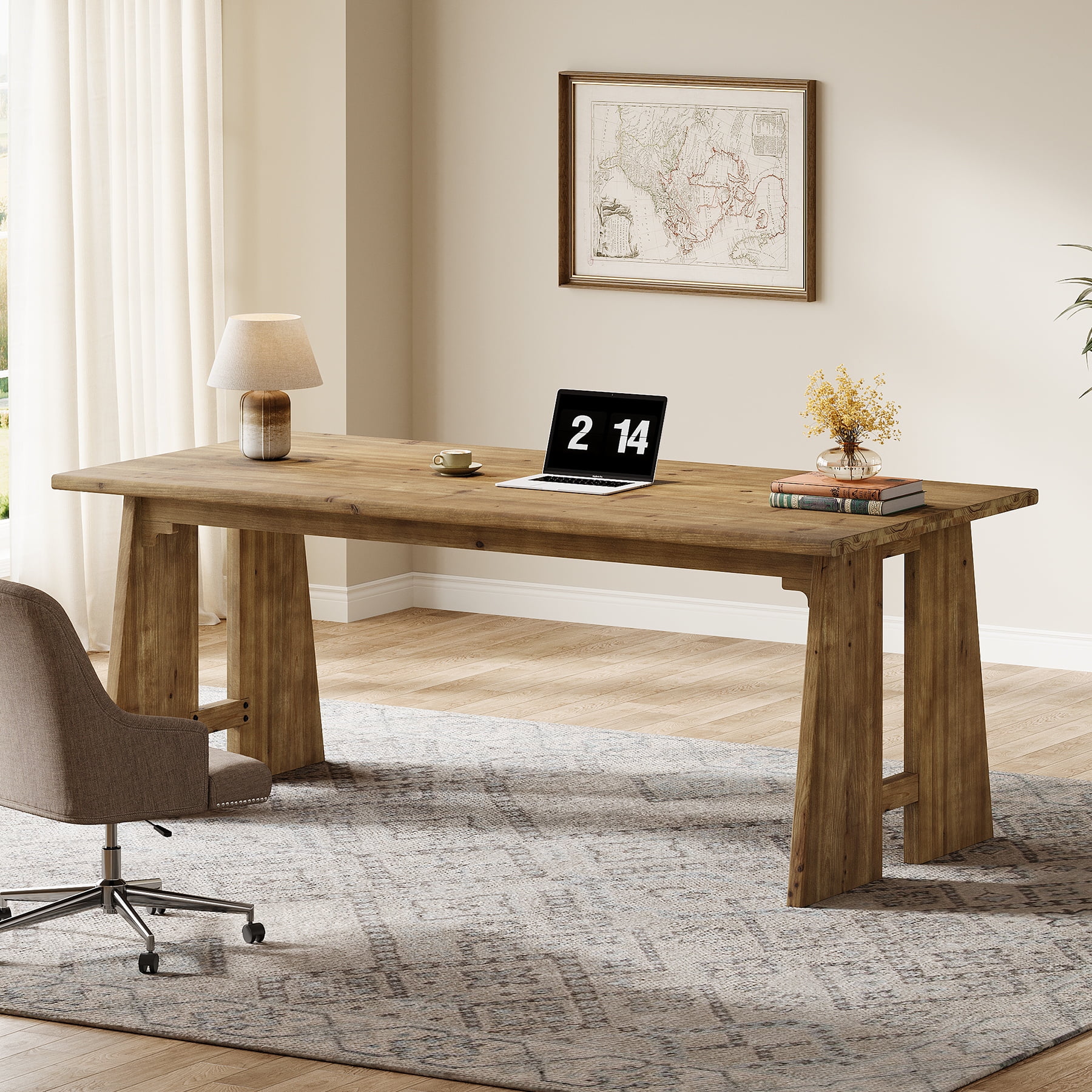 Finmind Solid Wood Executive Desk, 70.9-inch Long Office Computer Desk with Sturdy Legs, Farmhouse Writing Table Large Workstation, Brown