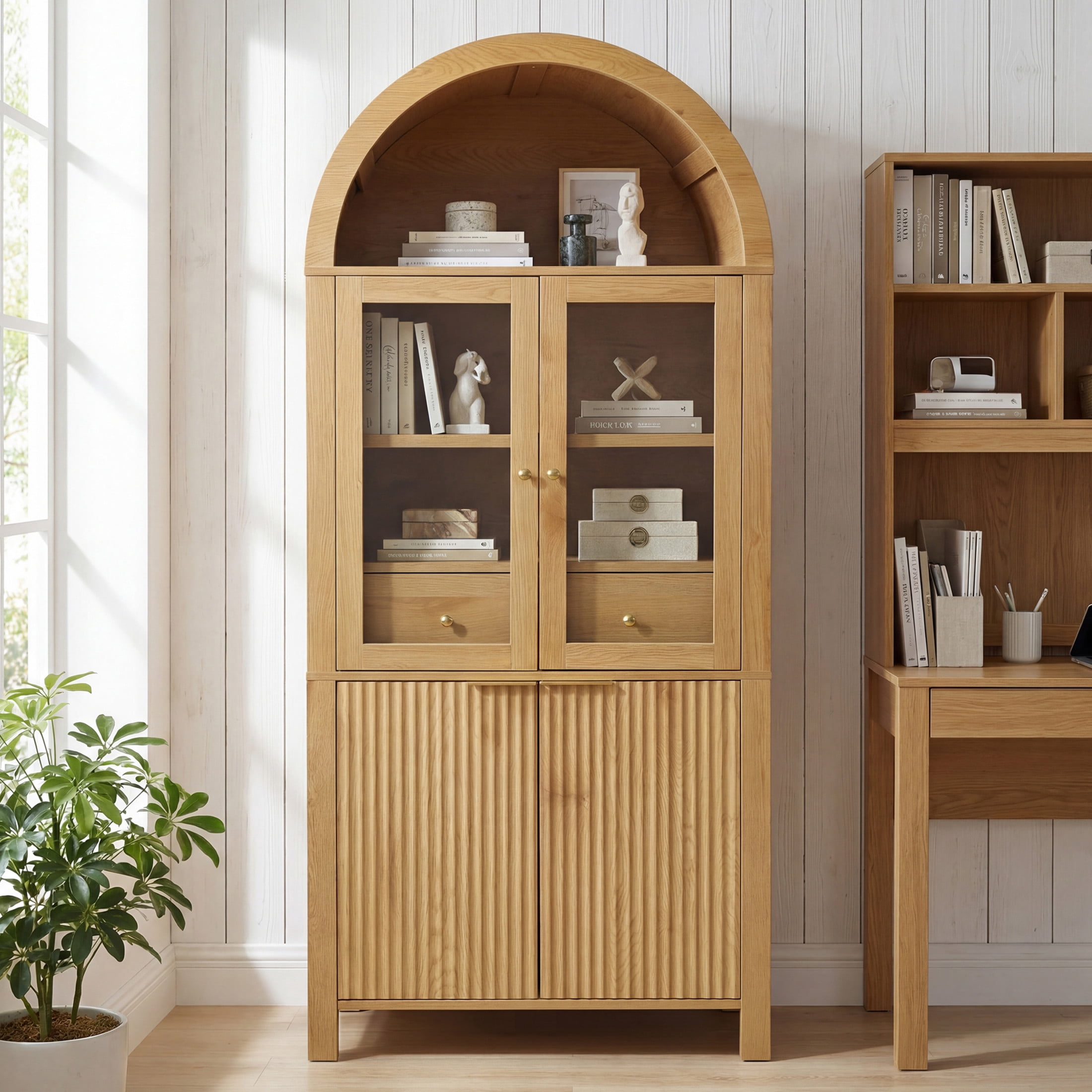 Noble House 71" Fluted Arched Pantry Cabinet with Adjustable Shelves, Hidden Drawer and Built-In Racks, Oak