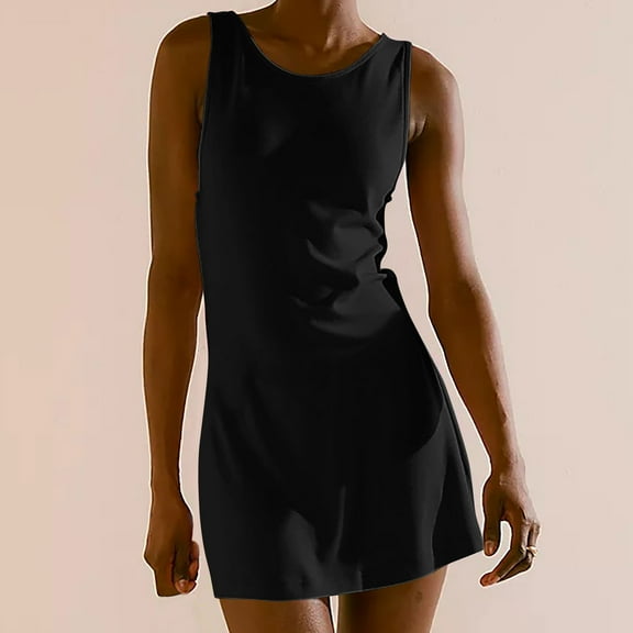 XWSHYW Dresses for Women Fashion Solid Color Crew Neck Holiday Party Dresses Sexy Sleeveless Loose Fit Beach Cocktail-Length Dress