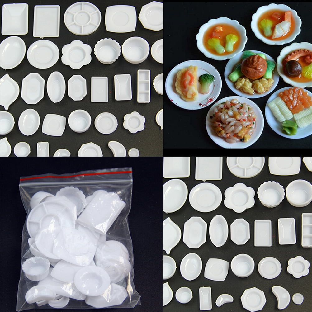 Set of 50 White Kitchenware Plate/Dish Dollhouse Miniatures Ceramic Supply Food 