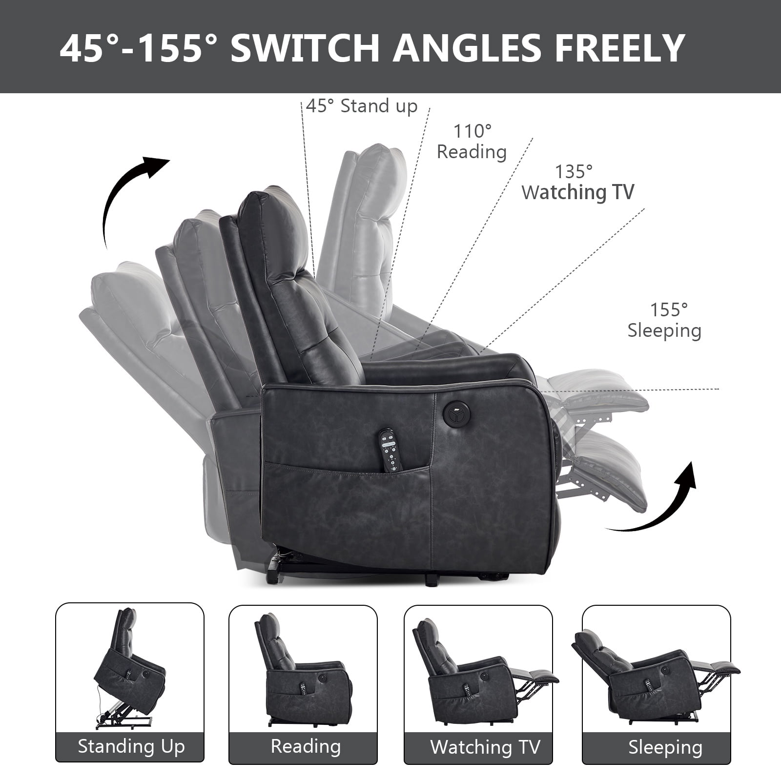 Power Lift Recliner Chair with Massage & Heat for Seniors, Heavy Duty Faux Leather, USB Charging Port, 155° Max Recline, Easy Assembly, Perfect for Living Room Comfort