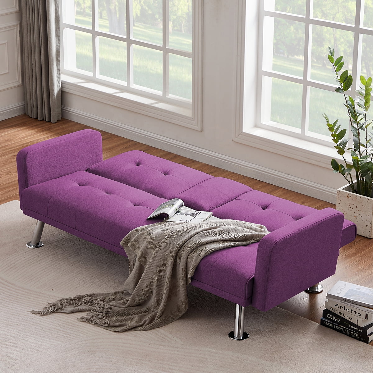 Aukfa Futon Tufted Back Convertible Sofa with 2 Cup Holders - 72" Twin - Purple