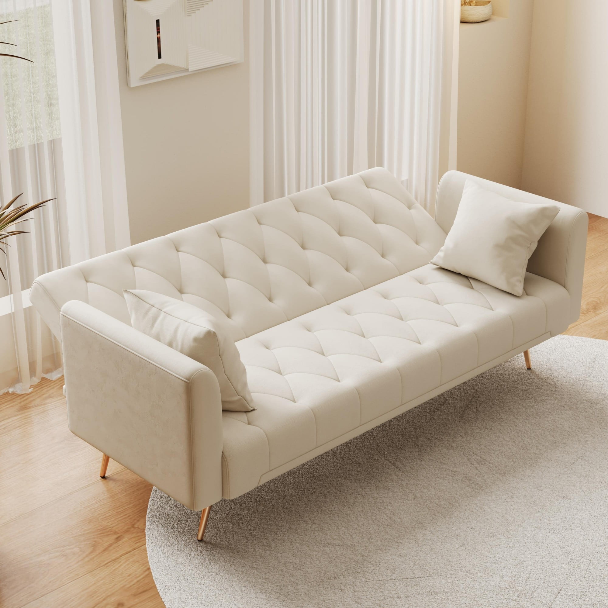 Jopath Velvet Futon Sofa Bed,Convertible Sleeper Couchwith Adjustable Backres & 2 Pillows for Small Spaces,Living Room,Beige02