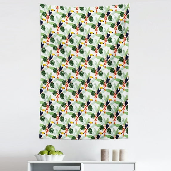 Tropical Tapestry, Colorful Hawaiian Illustration of Toucan Birds Heliconia and Plumeria Flowers, Fabric Wall Hanging Decor for Bedroom Living Room Dorm, 5 Sizes, Multicolor, by Ambesonne