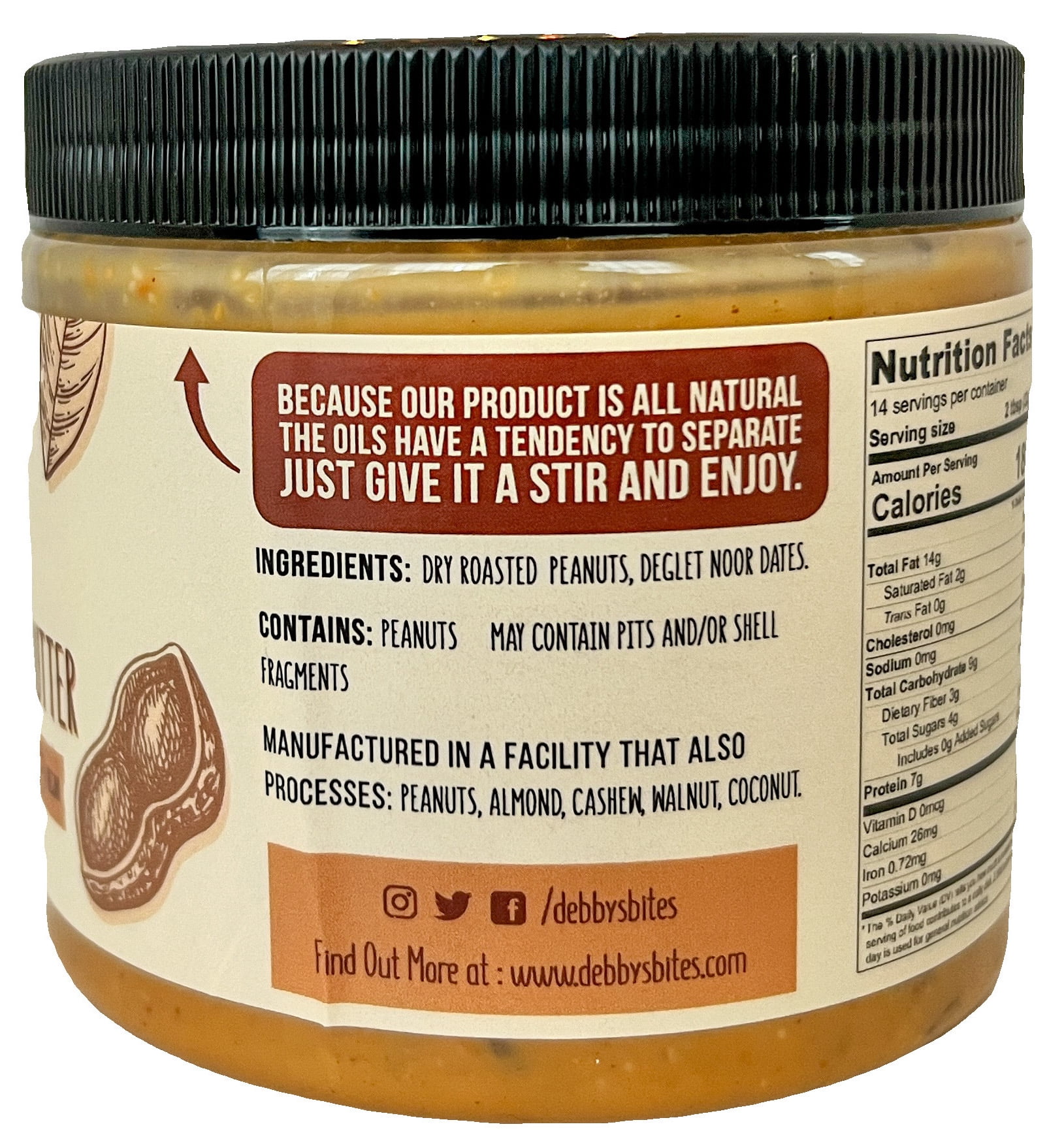 Debby's Date Sweetened Gluten Free, Vegan Friendly Peanut Butter 16oz