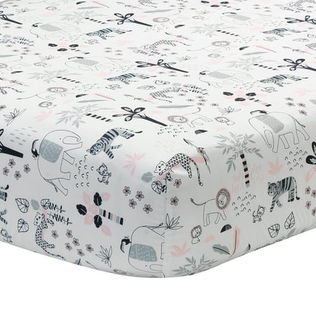 UPC: 0084122012233 | Lambs & Ivy Happy Jungle 100% Cotton Safari Animals Fitted Crib Sheet – White