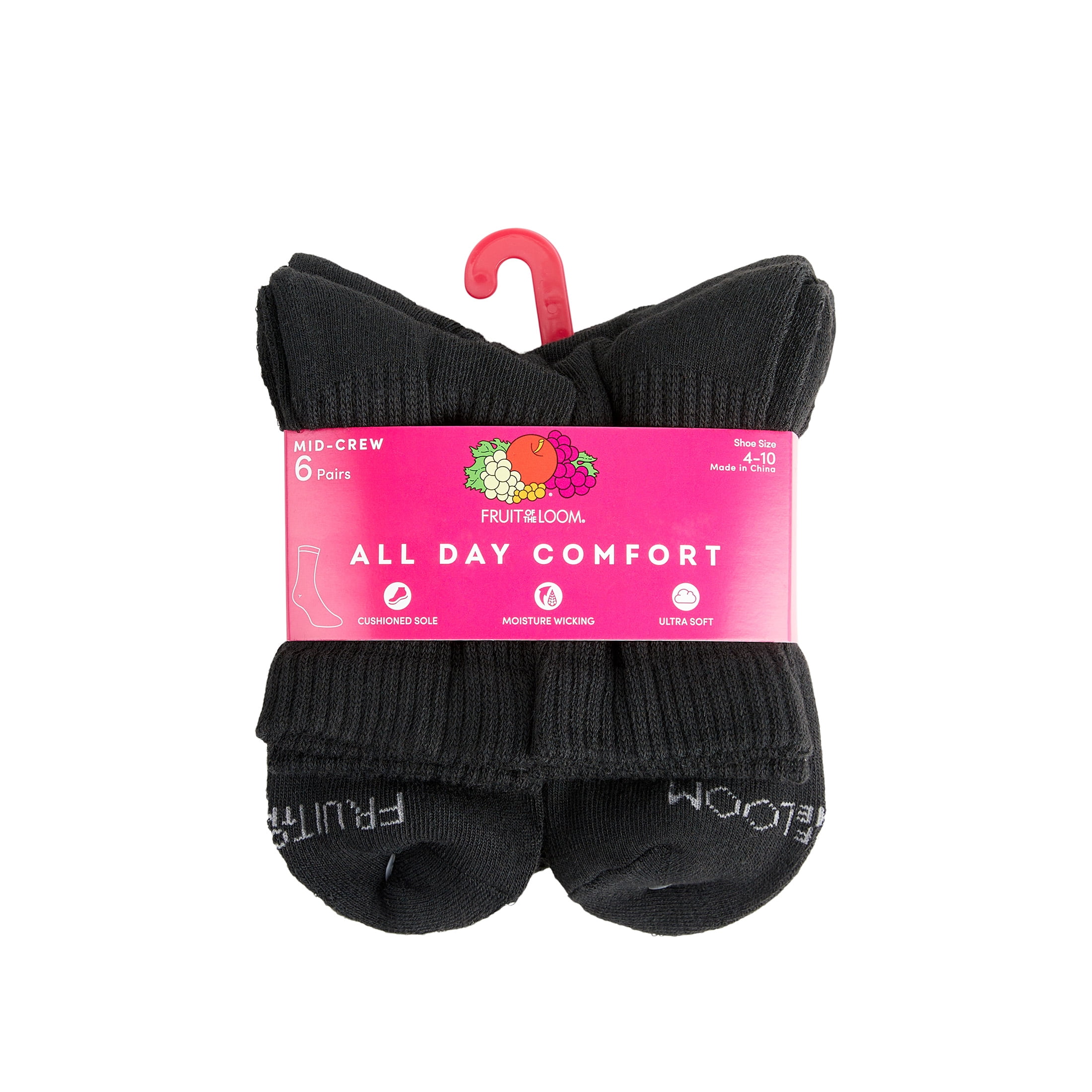 Fruit of the Loom All Day Comfort Women's Socks, Sizes 4-12, 6-Pack
