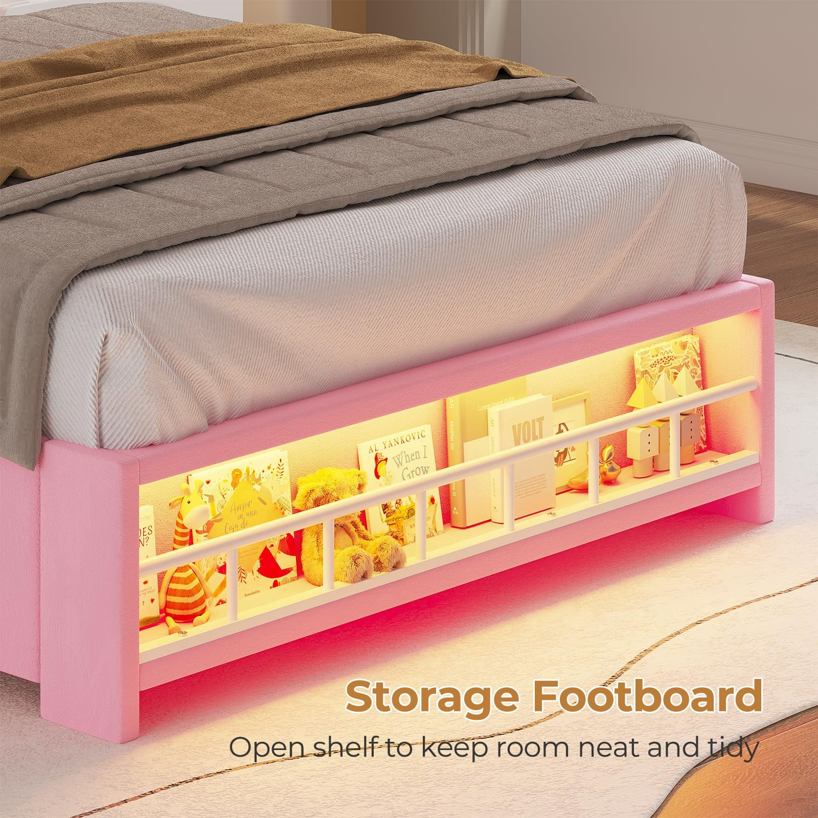 AMUZER Twin Size Princess Bed Frame with 4 Storage Drawers,Headboard with LED Lights & Charging Station, Girl Upholstered Bed,No Box Spring Needed, Easy Assembly, Pink