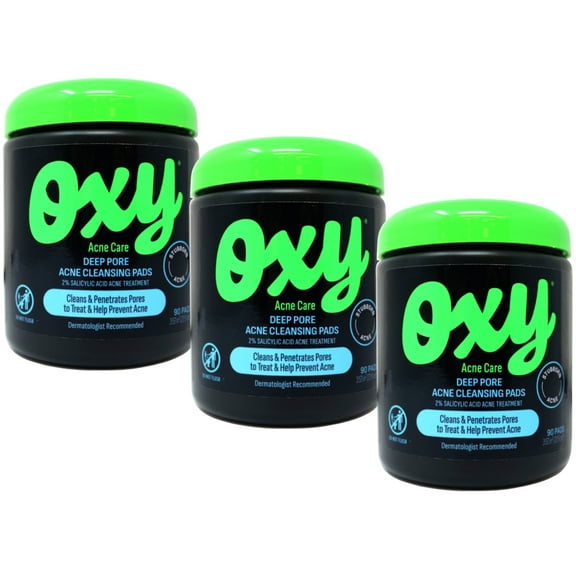 OXY Acne Medication Cleansing Pads Daily Defense with Maximum Strength 2 Salicylic Acid 90 pads Pack of 3