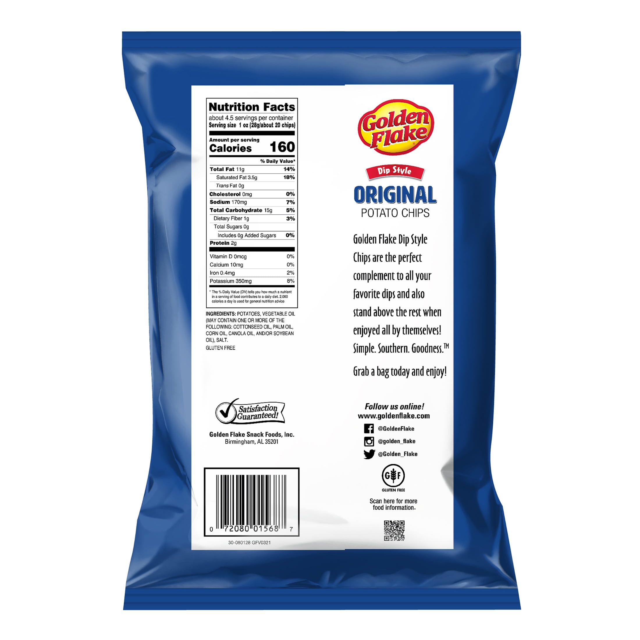Golden Flake Original Dip Style Potato Chips, Gluten-Free, 4.625 oz Bag
